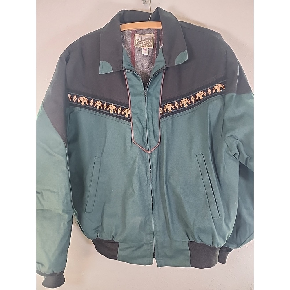 VTG Express Riders USA Men's M L Teal Green Bomber Santa Fe Aztec Blanket Jacket